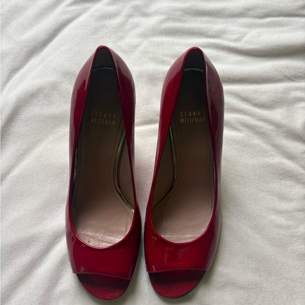 Stuart Weitzman Cherry Red Patent Peep-Toe Heels